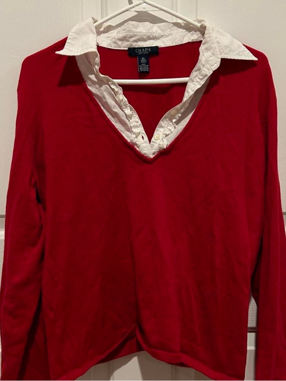 Chaps Red V-Neck Sweater with White Collar